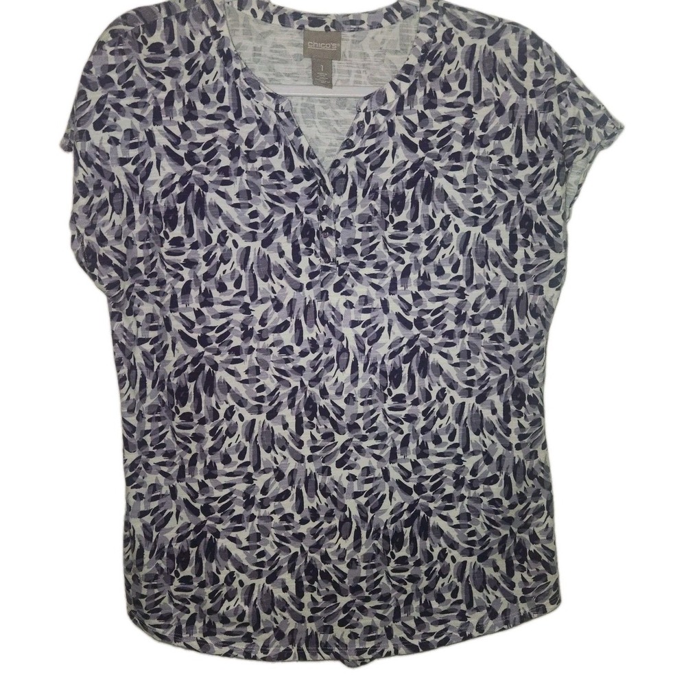 Chico's  Purple Abstract Floral Henley Short Sleeve Women's Size 1 (Medium)